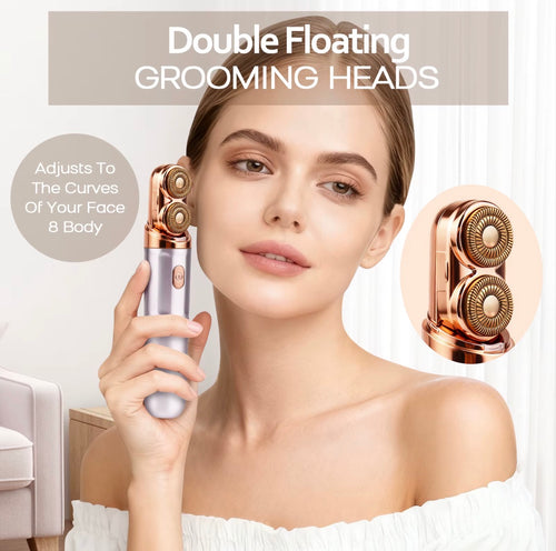 Double floating grooming heads on portable electric face and body shaver
