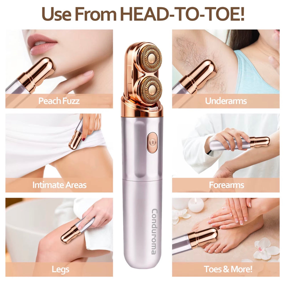 Electric face and body shaver shown for facial underarm leg arm and bikini-area grooming