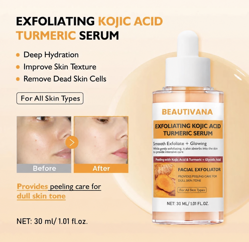 Beautivana Exfoliating Kojic Acid Turmeric Serum benefits and before after