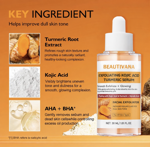 Beautivana exfoliating serum key ingredients turmeric kojic acid AHA and BHA
