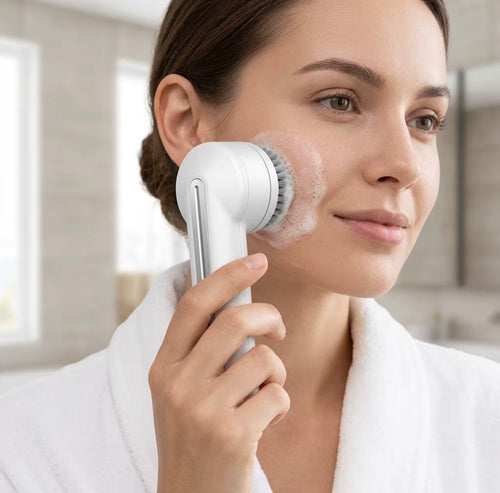 Facial cleansing brush with foaming cleanser