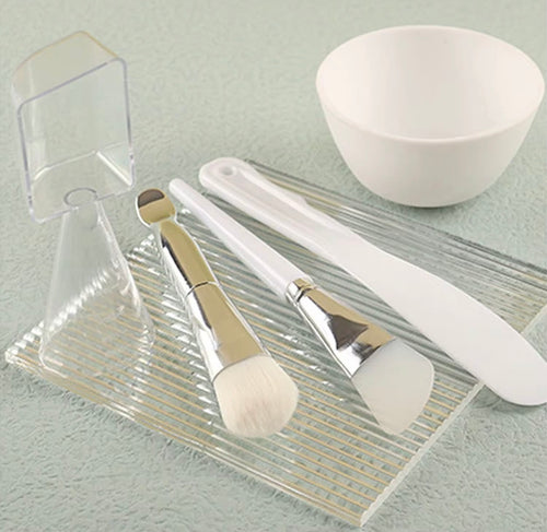 Facial mask mixing and application tool set with bowl brushes spatulas and scoop