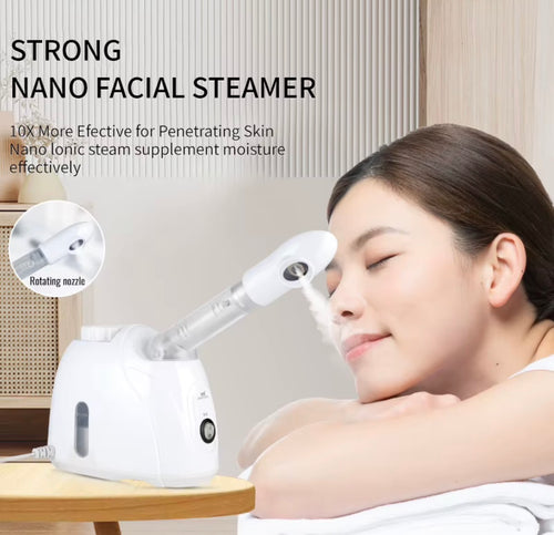 Facial steamer with rotating adjustable nozzle