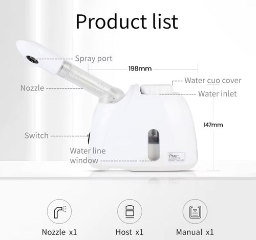 Facial steamer parts including nozzle base and manual
