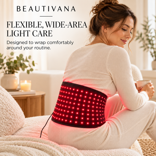 Beautivana flexible wide-area light mat wrapped around the lower back