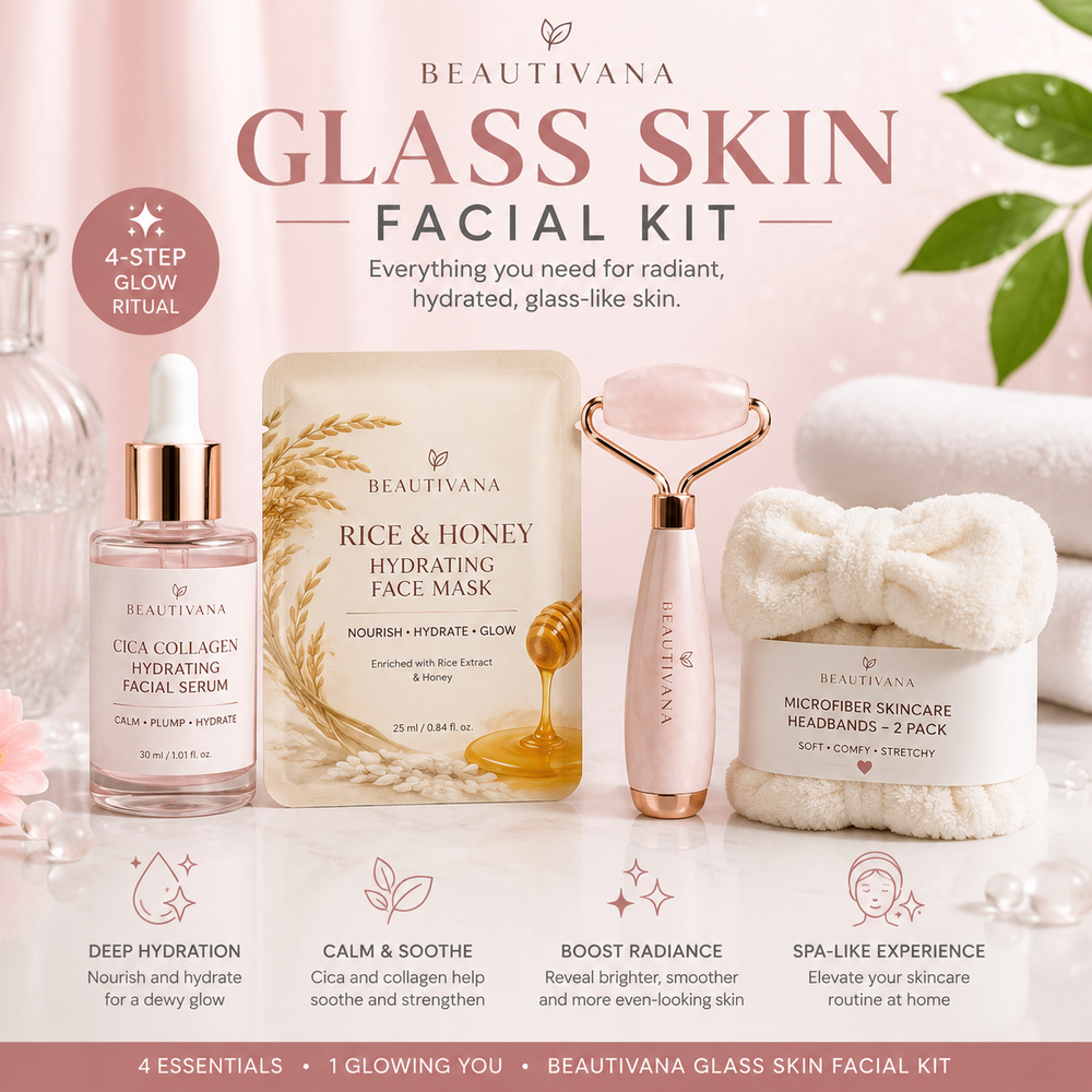 Beautivana Glass Skin Facial Kit with serum, face mask, ice roller, and skincare headbands