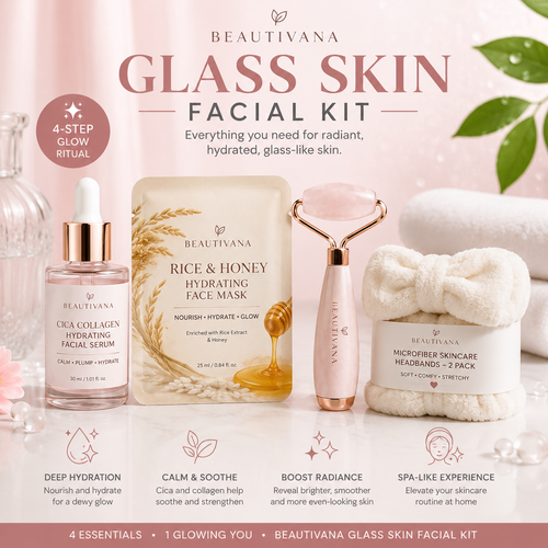 Beautivana Glass Skin Facial Kit with serum, face mask, ice roller, and skincare headbands