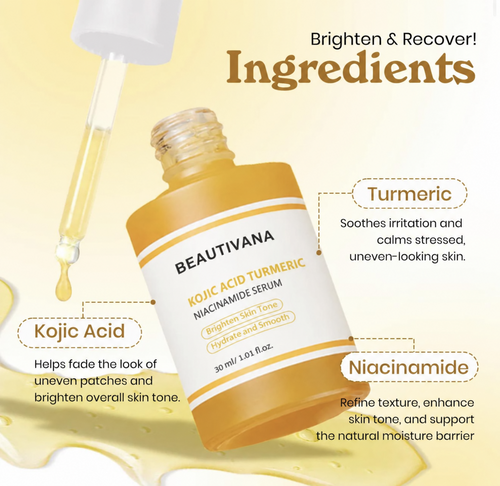 Beautivana serum key ingredients including kojic acid turmeric and niacinamide