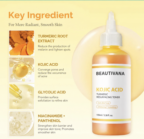 Beautivana toner key ingredients turmeric kojic acid glycolic acid niacinamide and panthenol