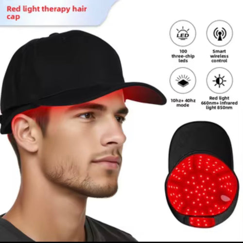 LED red and near infrared scalp care cap shown in use