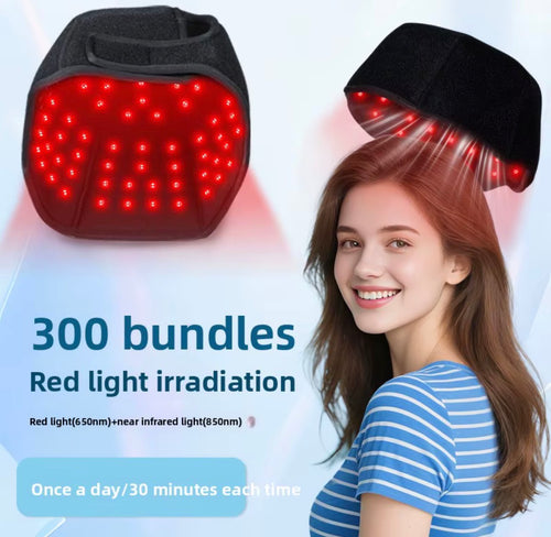 LED scalp care cap positioned over hair for at-home scalp care