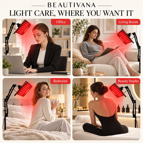 Beautivana adjustable LED light panel shown in home office bedroom and beauty studio settings