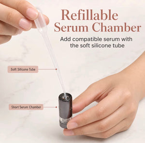 Close-up of refillable serum chamber and transfer pipette