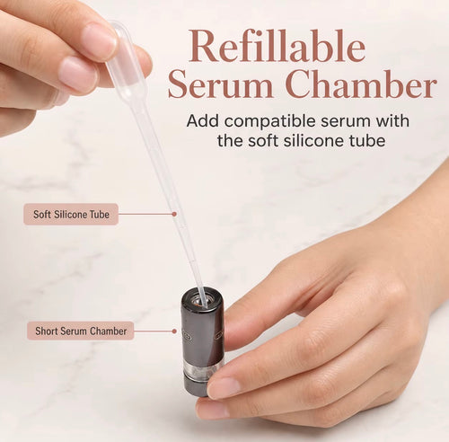 Close-up of refillable serum chamber and transfer pipette