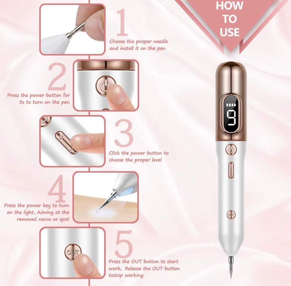 Precision beauty pen controls digital display and tip installation guide