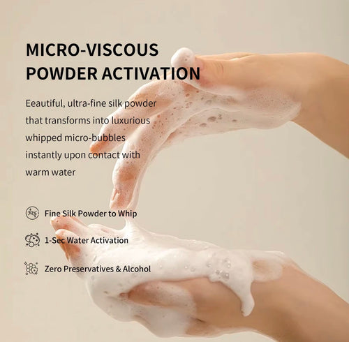 Water activated rice enzyme powder cleanser transforming into foaming micro bubbles