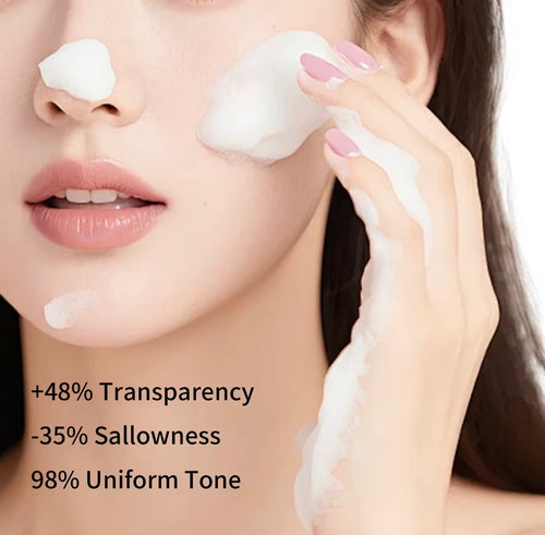 Foaming rice enzyme facial cleanser applied to the face
