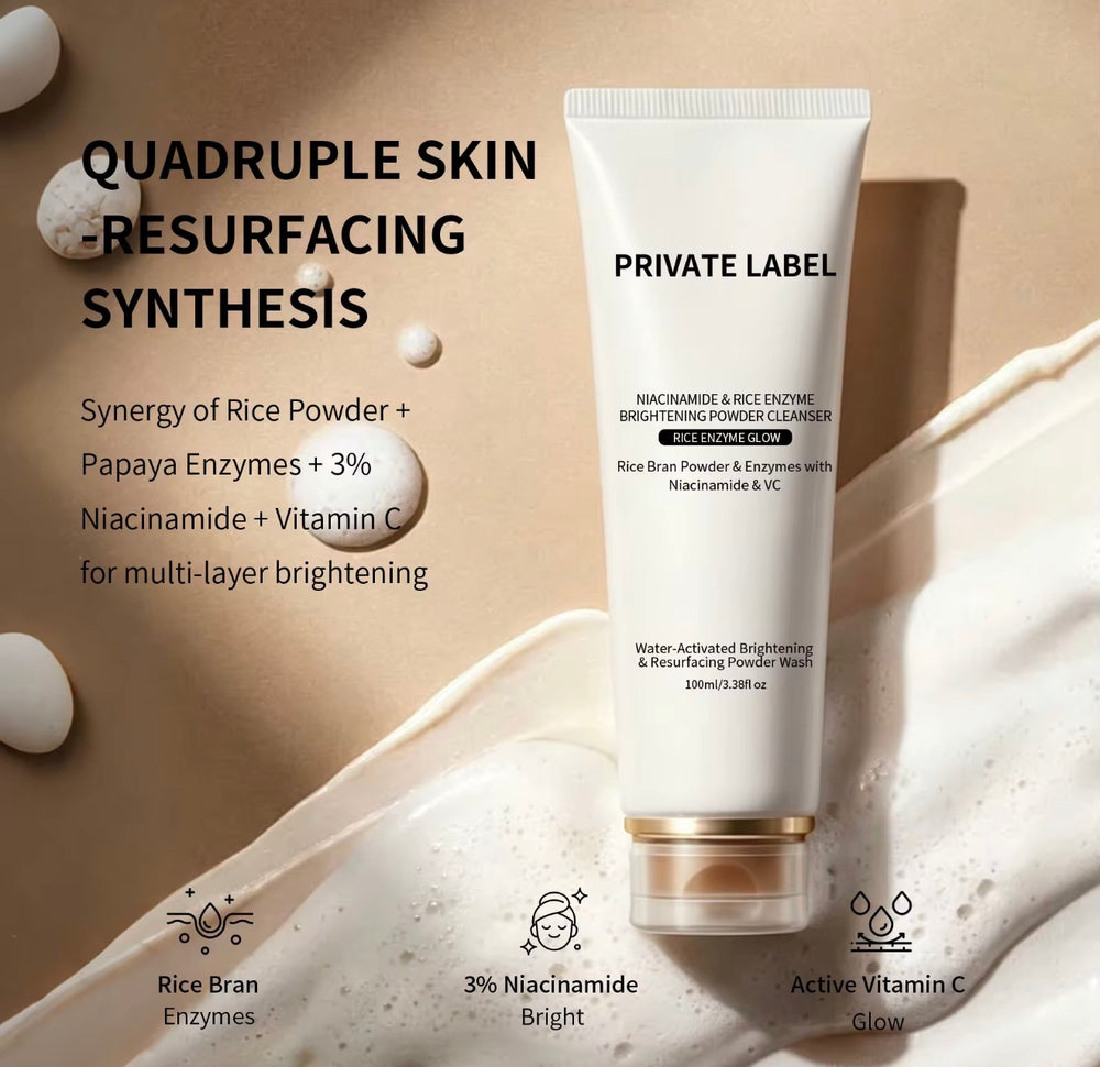 Rice enzyme powder cleanser featuring rice bran enzymes niacinamide and vitamin C