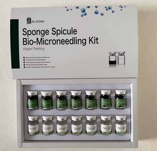 Sponge spicule bio-microneedling kit with treatment vials