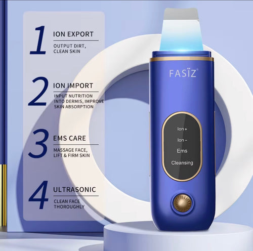 Ultrasonic ion facial scrubber with ion export ion import EMS and cleansing modes