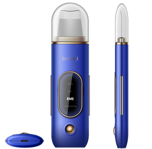 Blue ultrasonic ion skin scrubber front side and charging port views