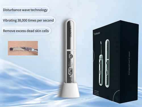 Ultrasonic skin scrubber device with charging base and packaging