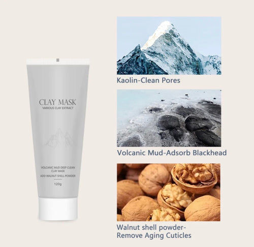 Clay mask featuring kaolin volcanic mud and walnut shell powder