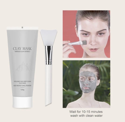 Volcanic mud clay face mask application and 10 to 15 minute use directions