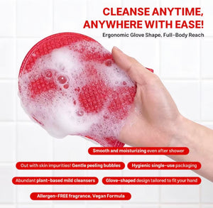 Glove-shaped exfoliating bubble body pad in use