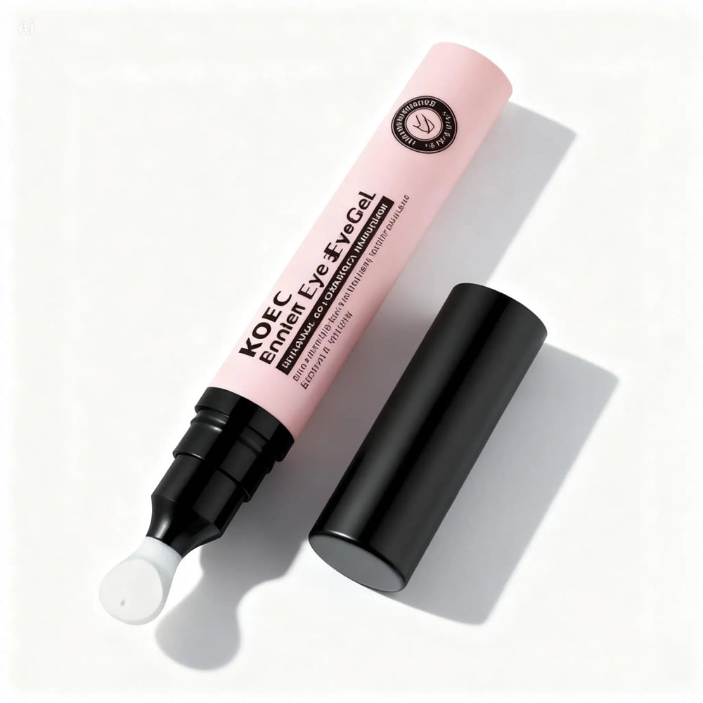 "KOEC Bomb Lifting Under Eye Gel in pink tube with black cap, featuring a white applicator tip, angled view"