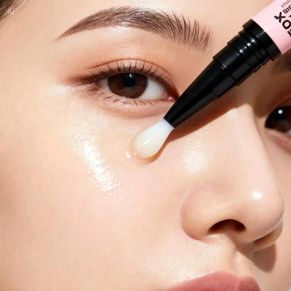"Transparent gel applied under the eye, with a black and pink applicator tip, highlighting smooth skin texture."