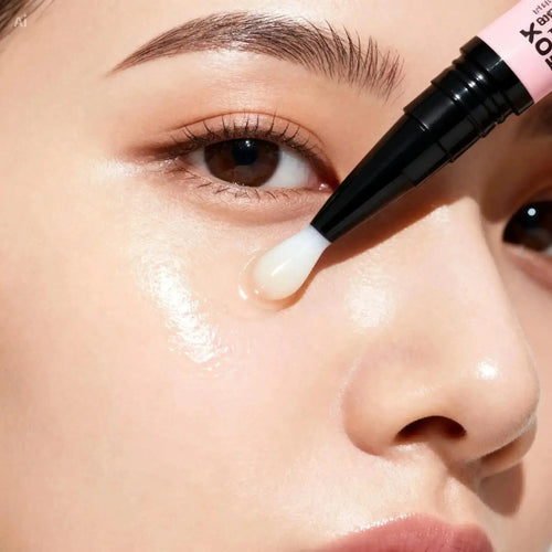 "Transparent gel applied under the eye, with a black and pink applicator tip, highlighting smooth skin texture."