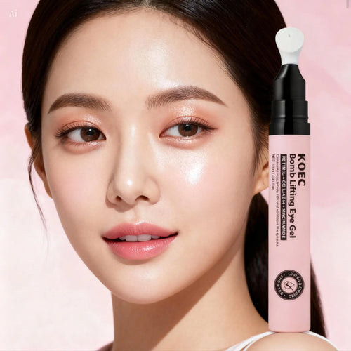 "KOEC Bomb Lifting Under Eye Gel in pink tube with white applicator, model with glowing skin in background."