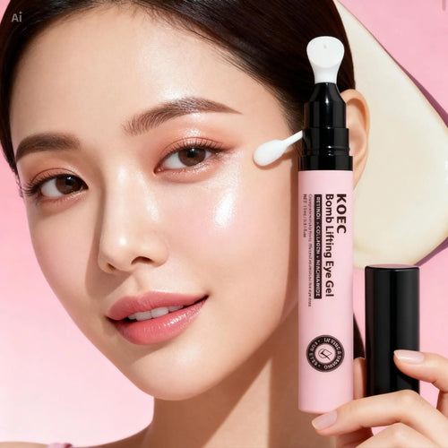 "Clear tube of KOEC Bomb Lifting Under Eye Gel with a white applicator tip, held next to a woman's face with glowing skin."