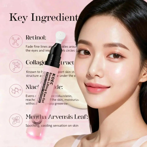 "KOEC Bomb Lifting Under Eye Gel in pink tube with silver cap, displayed next to a smiling woman with glowing skin."