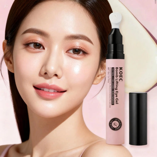 "KOEC Bomb Lifting Under Eye Gel in pink tube with black cap, applicator tip, model with natural makeup and long hair."