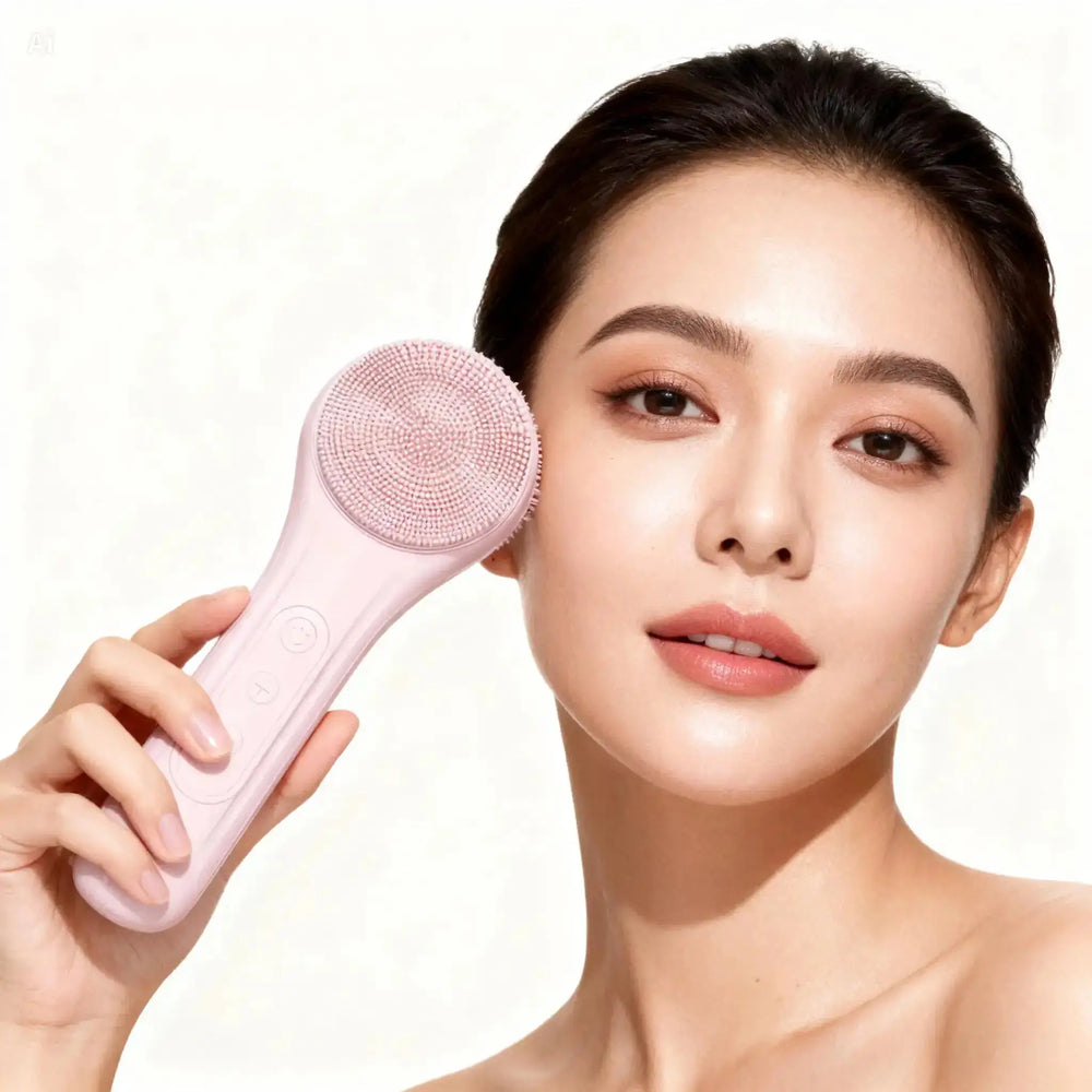 "Light pink sonic facial cleansing brush with silicone bristles and two buttons, held by a model against a neutral background