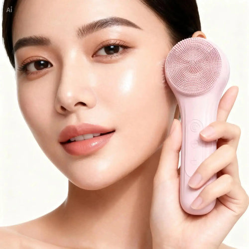"Light pink sonic facial cleansing brush with textured silicone head, held near a woman's face with smooth skin."