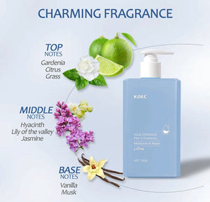 KOEC body lotion fragrance notes gardenia citrus grass hyacinth lily jasmine vanilla musk