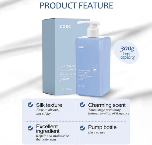 KOEC HA Ceramide Provitamin B5 body lotion product features and 300g pump bottle