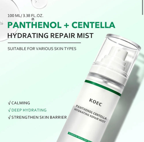 Panthenol and Centella hydrating facial mist for calming moisturizing skincare routine