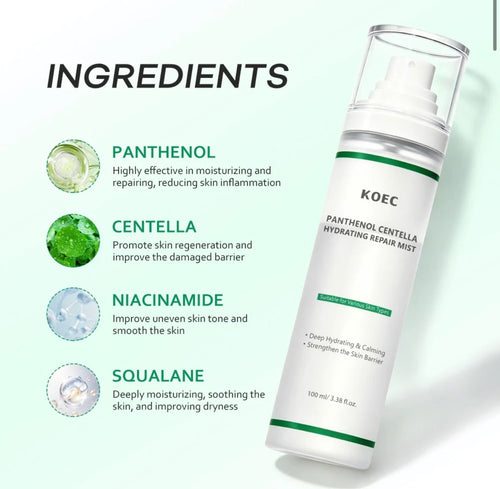 KOEC hydrating facial mist featuring panthenol Centella niacinamide and squalane