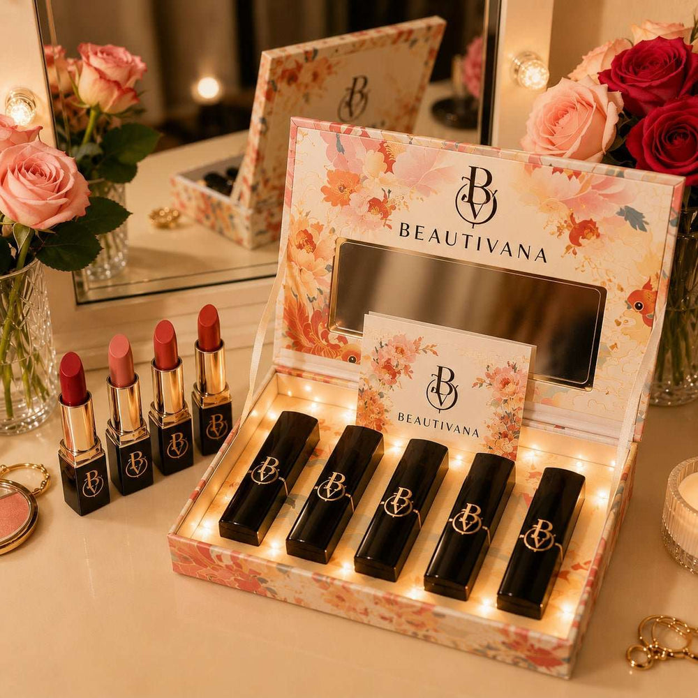 Luxury 5-Piece Lipstick Gift Set with Decorative Box – Cream Matte Lipsticks - Beautivana