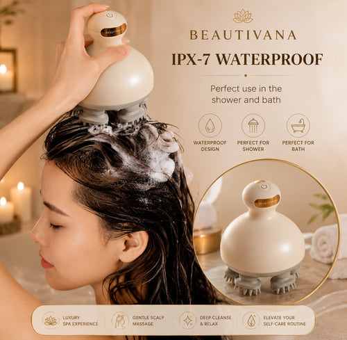 Beautivana Luxury Waterproof Electric Scalp Massager providing a relaxing massage experience in the shower.