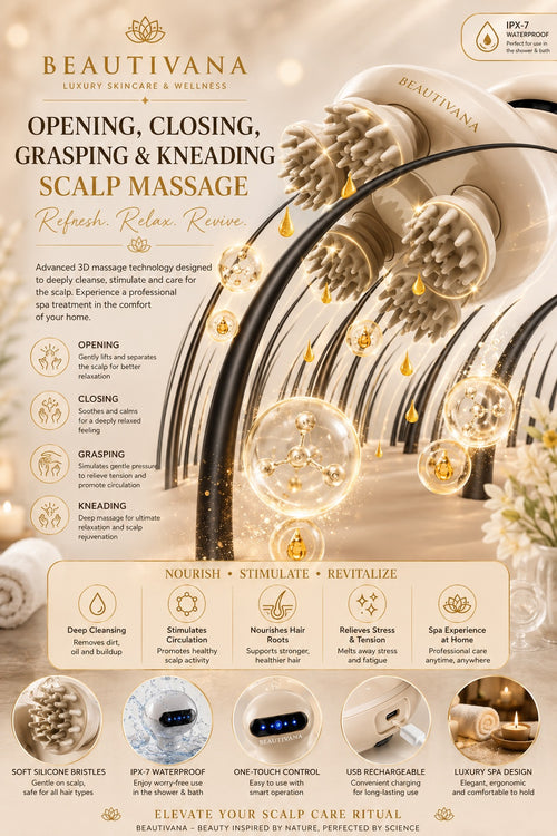 Beautivana luxury waterproof electric scalp massager infographic detailing massage techniques and benefits.