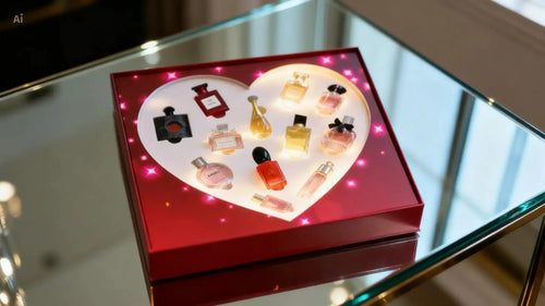 Red heart-shaped box with glowing interior, featuring 12 miniature perfume bottles in various shapes and colors.