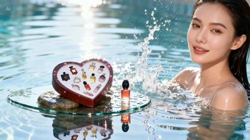 "Heart-shaped red box with 12 mini perfume bottles displayed, surrounded by water, with a woman smiling nearby."