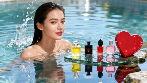 "Mini perfume set with 12 colorful bottles displayed on a glass tray in a pool, with a model partially submerged."