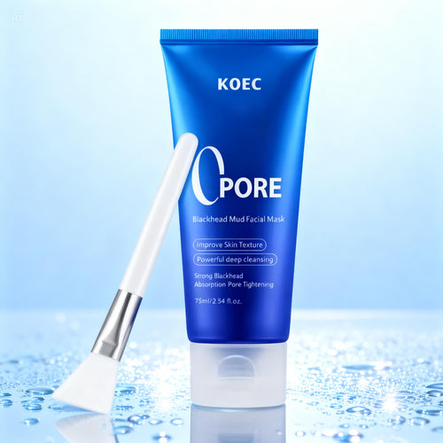Blue tube of KOEC Pore Detox Blackhead Mud Mask with a white cap, accompanied by a white applicator brush, set against a ligh