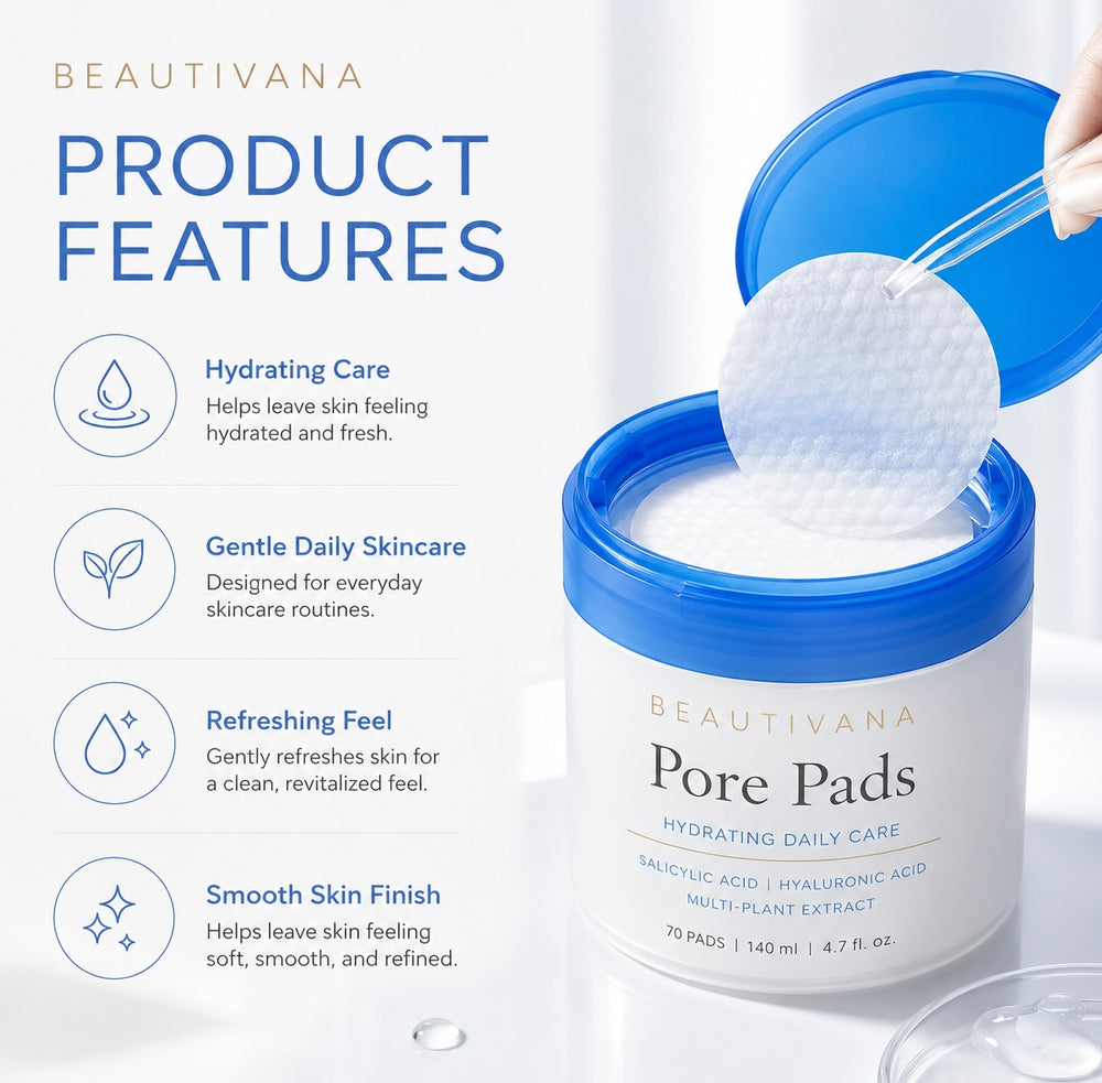 Beautivana Pore Pads with product features for hydrating toner pads and smooth skin finish.